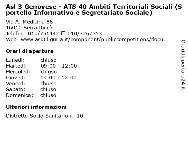 Asl 3 Genovese - ATS 40 Ambiti Territoriali Sociali (Sportello Informativo e Segretariato Sociale) a Serra Riccò: indirizzo e orari di apertura