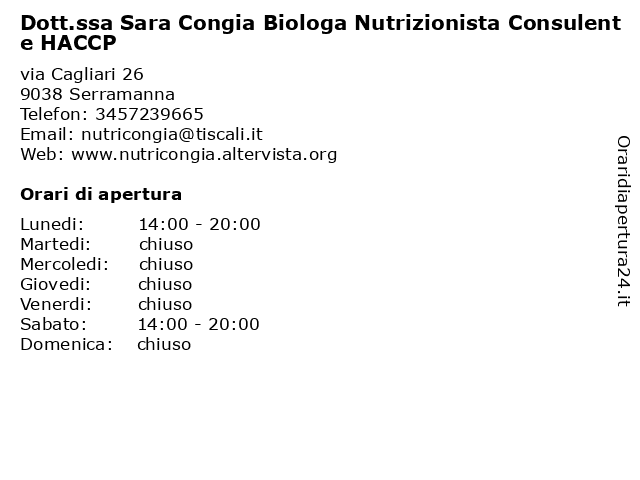 Dott.ssa Sara Congia Biologa Nutrizionista Consulente HACCP a Serramanna: indirizzo e orari di apertura