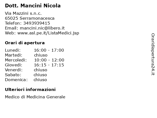 Dott. Mancini Nicola a Serramonacesca: indirizzo e orari di apertura