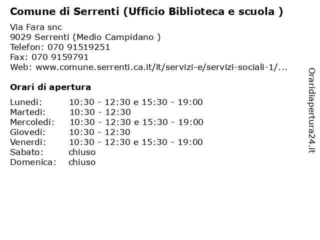 Comune di Serrenti (Ufficio Biblioteca e scuola ) a Serrenti (Medio Campidano ): indirizzo e orari di apertura