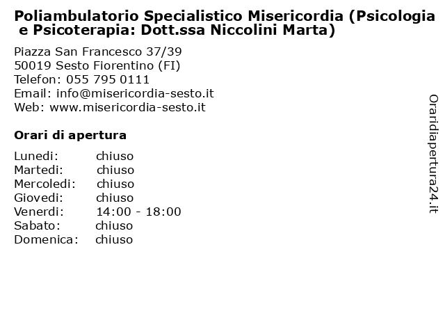 Poliambulatorio Specialistico Misericordia (Psicologia e Psicoterapia: Dott.ssa Niccolini Marta) a Sesto Fiorentino (FI): indirizzo e orari di apertura