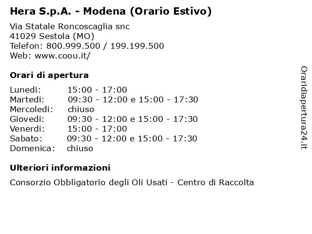 Hera S.p.A. - Modena (Orario Estivo) a Sestola (MO): indirizzo e orari di apertura