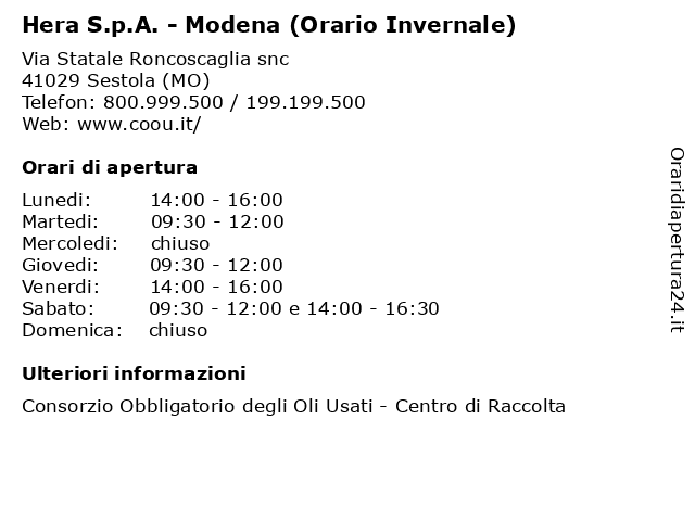 Hera S.p.A. - Modena (Orario Invernale) a Sestola (MO): indirizzo e orari di apertura