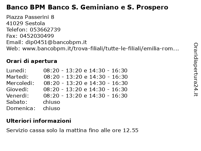 Banco S. Geminiano e S. Prospero a Sestola: indirizzo e orari di apertura