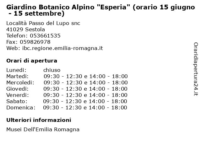 Giardino Botanico Alpino "Esperia" (orario 15 giugno - 15 settembre) a Sestola: indirizzo e orari di apertura