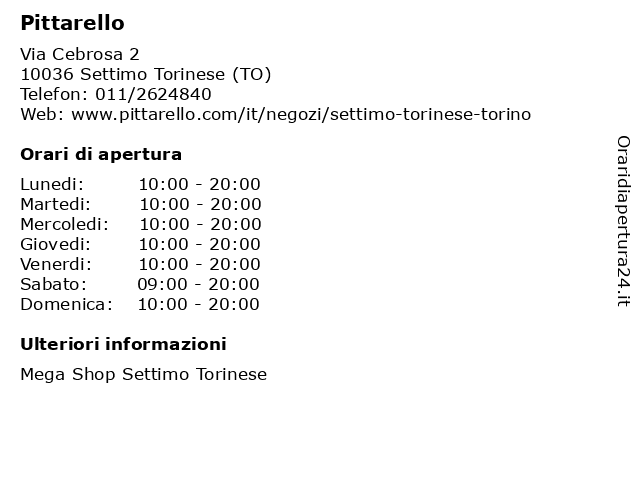 ᐅ Orari Pittarello | Via Cebrosa 2, 10036 Settimo Torinese (TO)