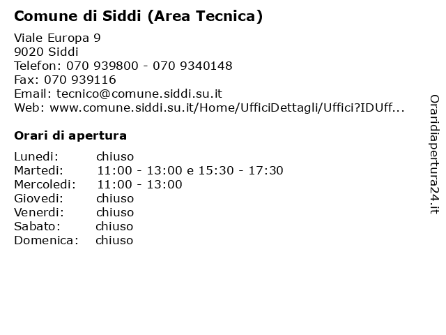Comune di Siddi (Area Tecnica e Manutenzioni - Servizi Tecnici e Urbanistici) a Siddi VS: indirizzo e orari di apertura