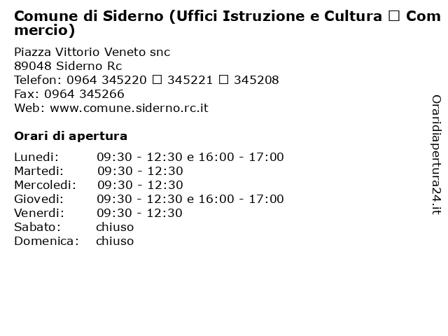 Comune di Siderno (Uffici Istruzione e Cultura – Commercio) a Siderno Rc: indirizzo e orari di apertura
