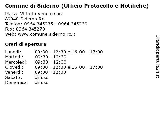 Comune di Siderno (Ufficio Protocollo e Notifiche) a Siderno Rc: indirizzo e orari di apertura