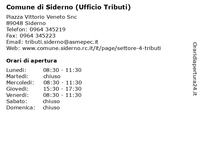 Comune di Siderno (Ufficio Tributi) a Siderno Rc: indirizzo e orari di apertura