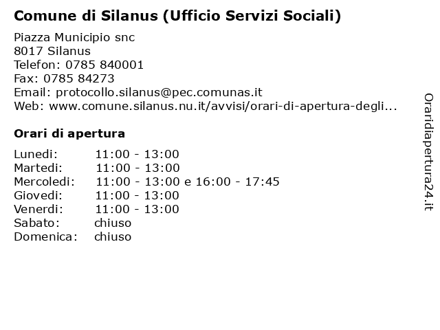 Comune di Silanus (Ufficio Servizi Sociali) a Silanus NU: indirizzo e orari di apertura