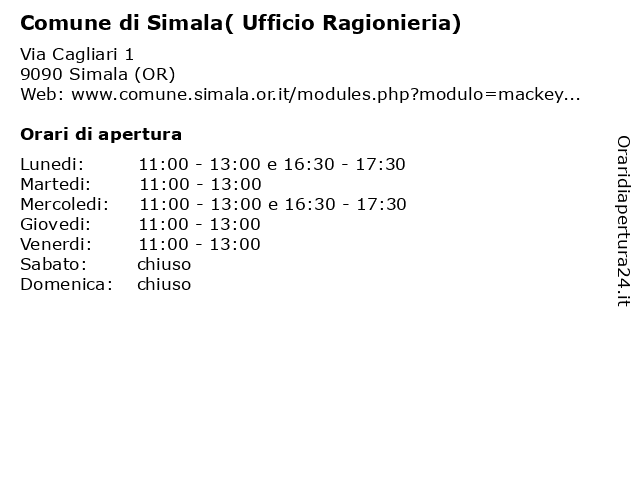 Comune di Simala( Ufficio Ragionieria) a Simala (OR): indirizzo e orari di apertura