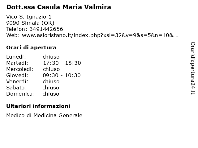 Dott.ssa Casula Maria Valmira a Simala (OR): indirizzo e orari di apertura