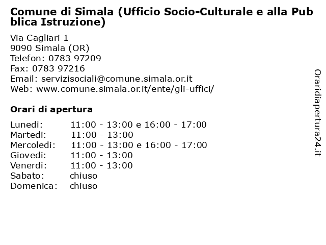 comune di Simala( Ufficio Istruzione Cultura) a Simala (OR): indirizzo e orari di apertura
