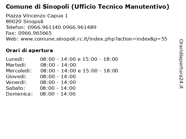 Comune di Sinopoli (Ufficio Tecnico Manutentivo) a Sinopoli: indirizzo e orari di apertura