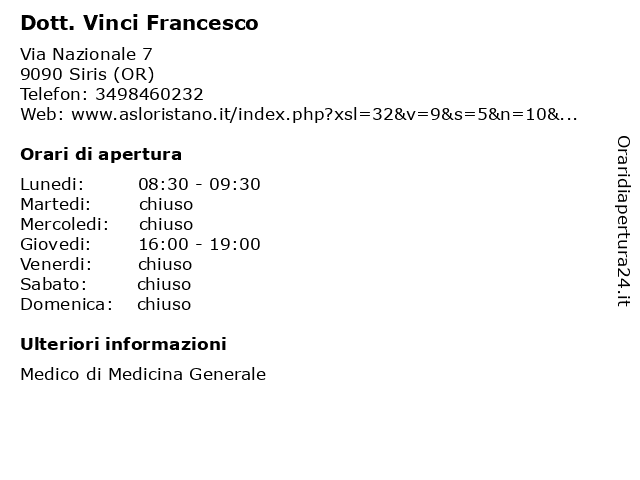 Dott. Vinci Francesco a Siris (OR): indirizzo e orari di apertura