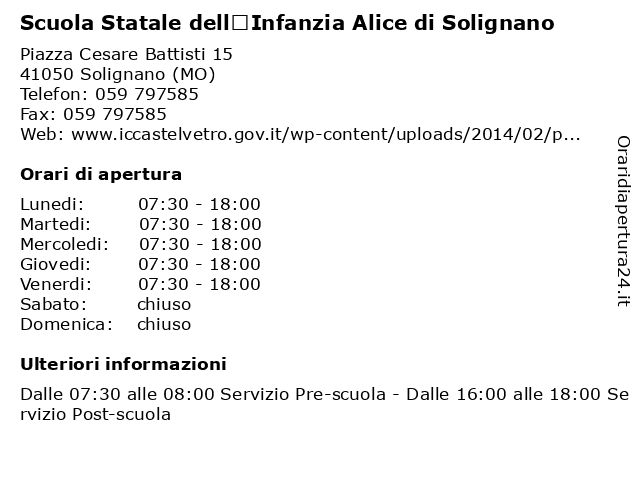 Scuola Statale dell’Infanzia Alice di Solignano a Solignano (MO): indirizzo e orari di apertura