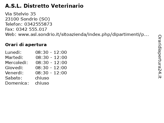 A.S.L. Distretto Veterinario a Sondrio (SO): indirizzo e orari di apertura