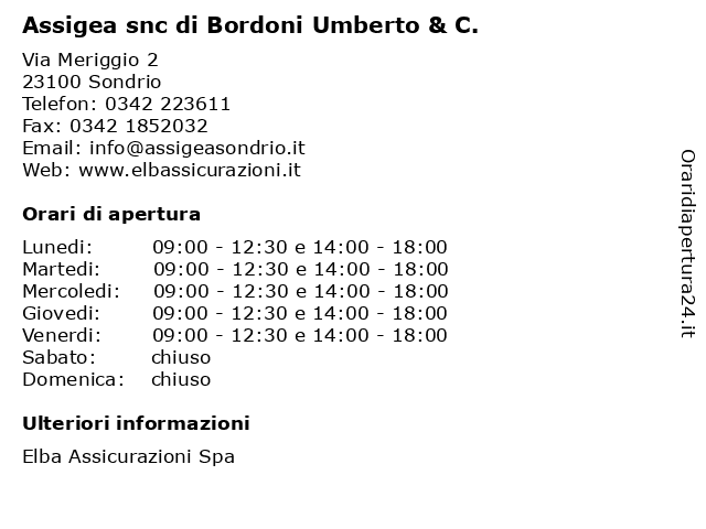 Assigea snc di Bordoni Umberto & C. a Sondrio: indirizzo e orari di apertura
