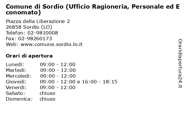 Comune di Sordio (Ufficio Ragioneria, Personale ed Economato) a Sordio (LO): indirizzo e orari di apertura