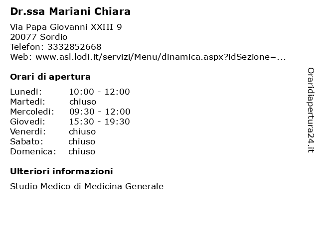 Dr.ssa Mariani Chiara a Sordio: indirizzo e orari di apertura