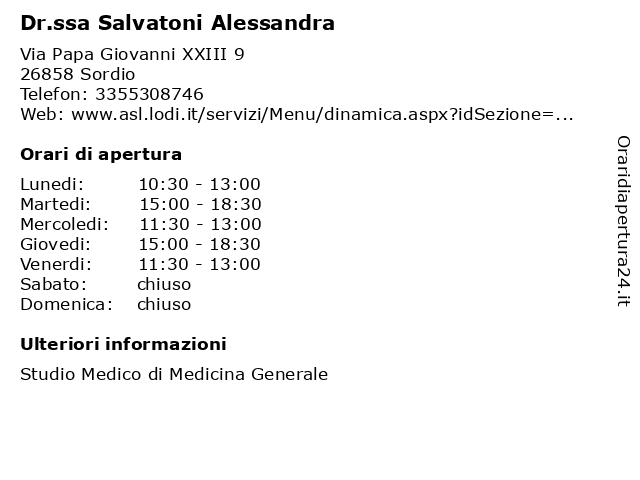 Dr.ssa Salvatoni Alessandra a Sordio: indirizzo e orari di apertura