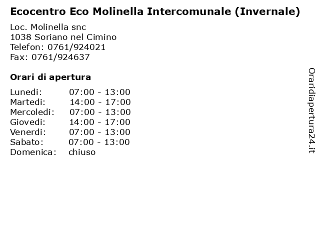 Ecocentro Eco Molinella Intercomunale (Invernale) a Soriano nel Cimino: indirizzo e orari di apertura