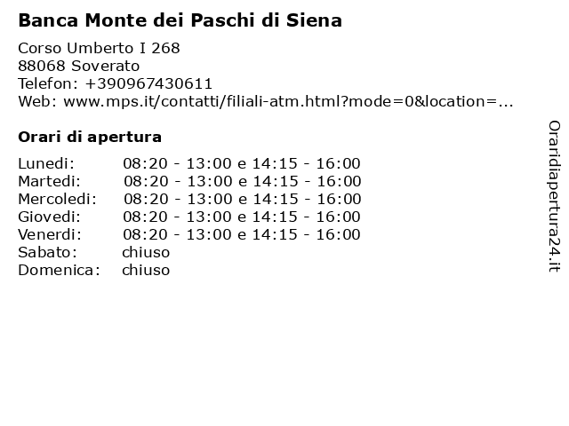 Banca Monte dei Paschi di Siena a Soverato: indirizzo e orari di apertura