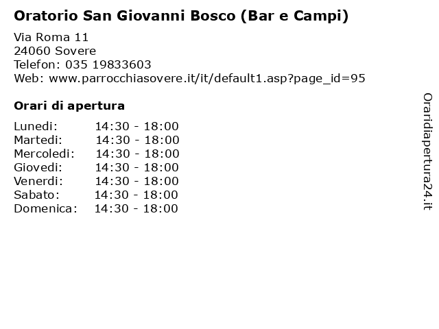 Oratorio San Giovanni Bosco (Bar e Campi) a Sovere: indirizzo e orari di apertura