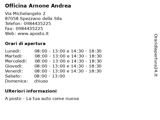 Officina Arnone Andrea a Spezzano della Sila: indirizzo e orari di apertura