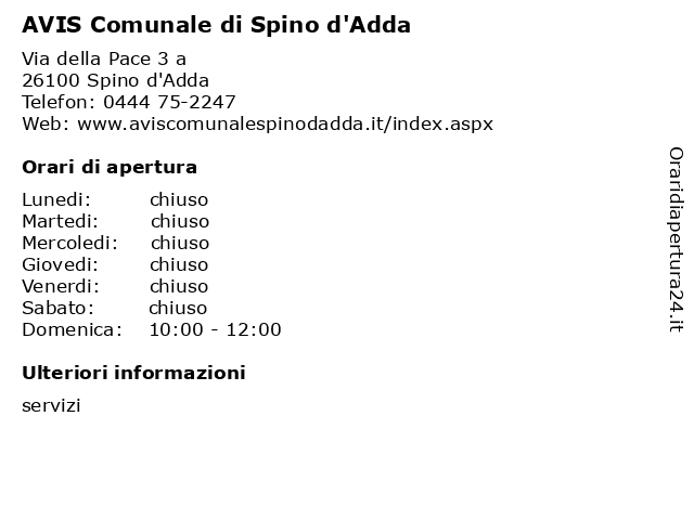 AVIS Comunale di Spino d'Adda a Spino d'Adda: indirizzo e orari di apertura