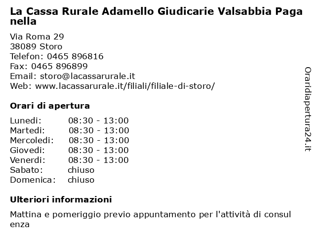 La Cassa Rurale Adamello Giudicarie Valsabbia Paganella a Storo: indirizzo e orari di apertura