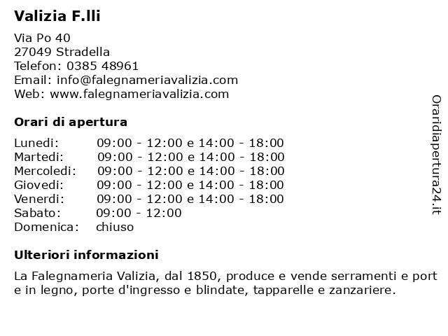 Valizia F.lli a Stradella: indirizzo e orari di apertura