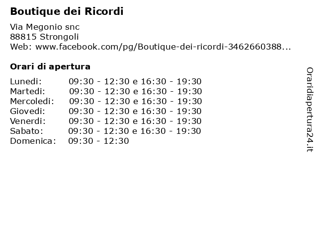 ᐅ Orari di apertura „Boutique dei Ricordi“