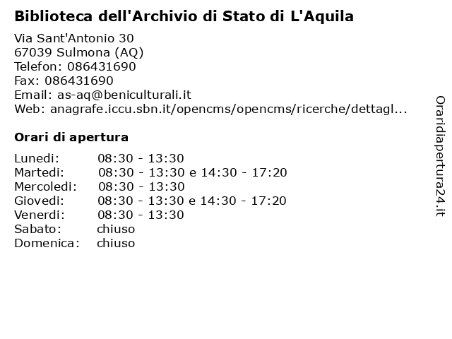 Biblioteca dell'Archivio di Stato di L'Aquila a Sulmona (AQ): indirizzo e orari di apertura