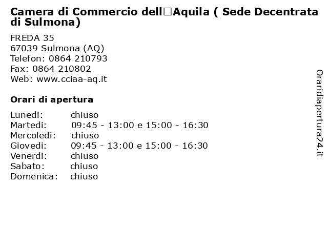 Camera di Commercio dell’Aquila ( Sede Decentrata di Sulmona) a Sulmona (AQ): indirizzo e orari di apertura