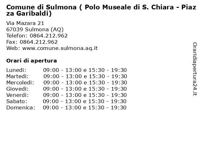 Comune di Sulmona ( Polo Museale di S. Chiara - Piazza Garibaldi) a Sulmona (AQ): indirizzo e orari di apertura