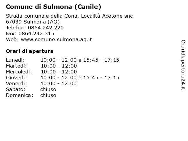 Comune di Sulmona (Canile) a Sulmona (AQ): indirizzo e orari di apertura