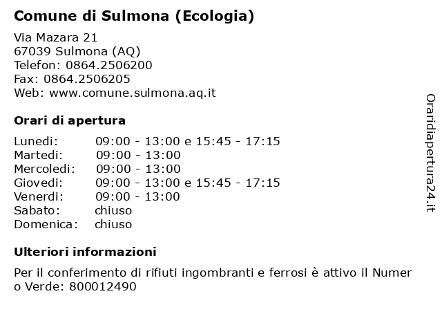 Comune di Sulmona (Ecologia) a Sulmona (AQ): indirizzo e orari di apertura
