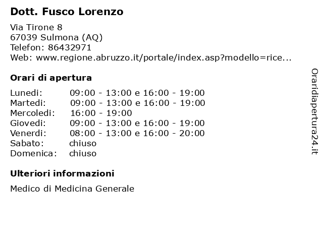 Dott. Fusco Lorenzo a Sulmona (AQ): indirizzo e orari di apertura