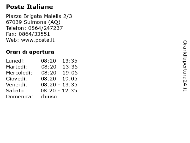 Poste Italiane a Sulmona (AQ): indirizzo e orari di apertura