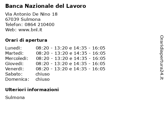 Banca Nazionale del Lavoro a Sulmona: indirizzo e orari di apertura