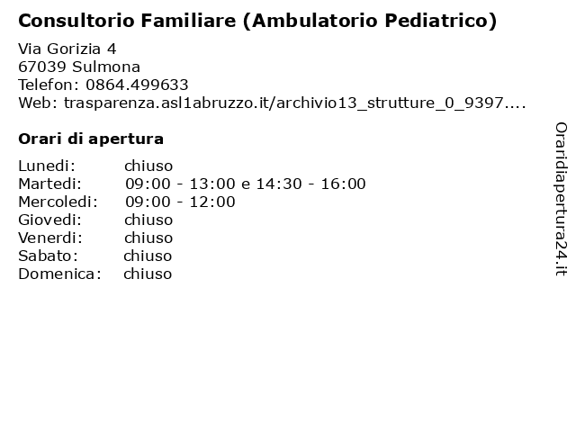 Consultorio Familiare (Ambulatorio Pediatrico) a Sulmona: indirizzo e orari di apertura