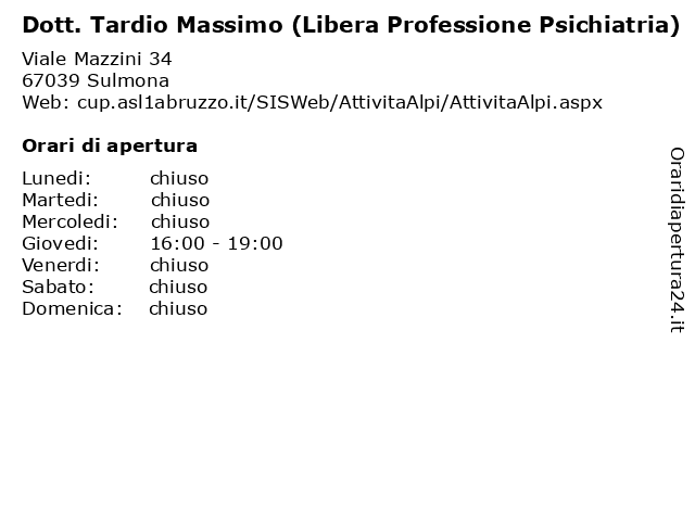 Dott. Tardio Massimo (Libera Professione Psichiatria) a Sulmona: indirizzo e orari di apertura
