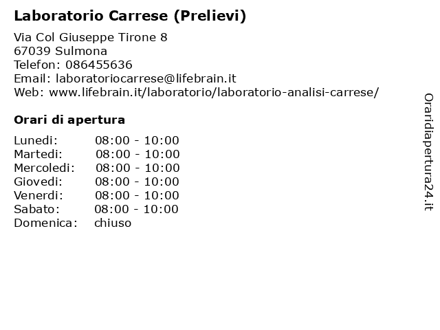 Laboratorio Carrese (Prelievi) a Sulmona: indirizzo e orari di apertura