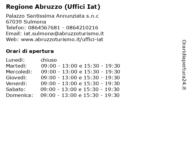 Regione Abruzzo (Uffici Iat) a Sulmona: indirizzo e orari di apertura