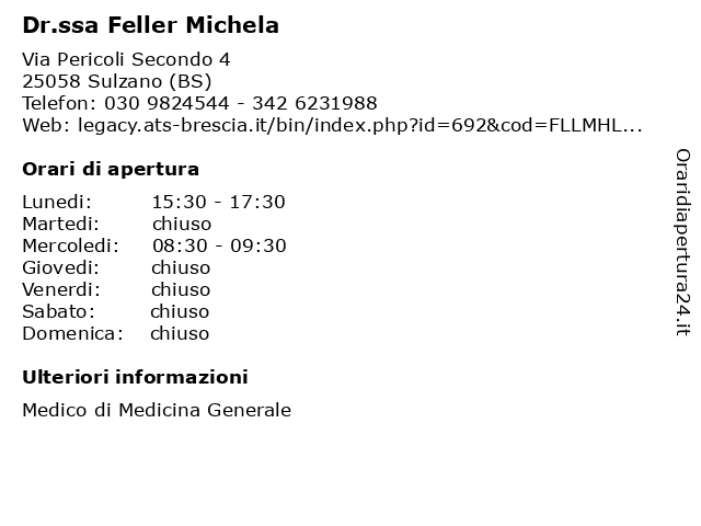 Dr.ssa Feller Michela a Sulzano (BS): indirizzo e orari di apertura