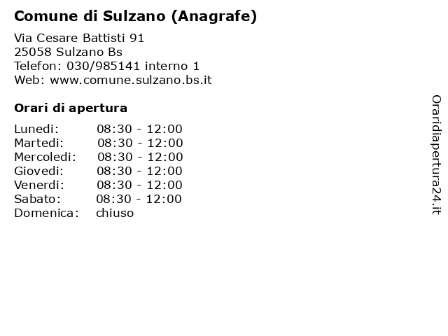 Comune di Sulzano (Anagrafe) a Sulzano Bs: indirizzo e orari di apertura