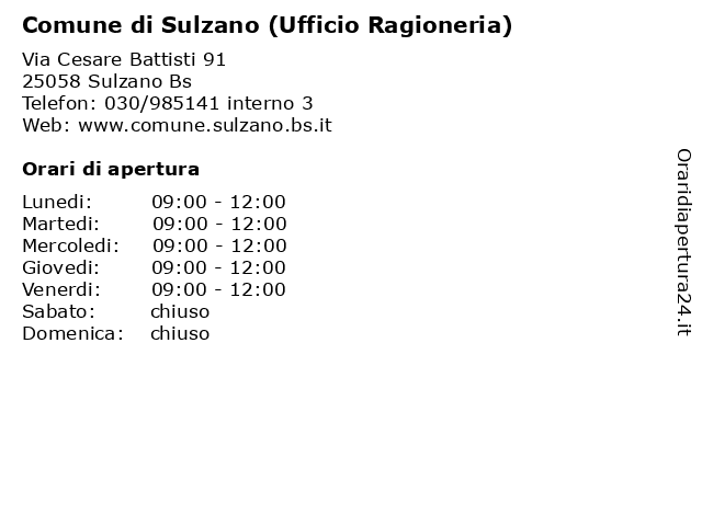 Comune di Sulzano (Ufficio Ragioneria) a Sulzano Bs: indirizzo e orari di apertura