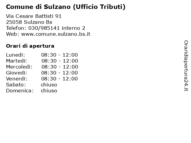 Comune di Sulzano (Ufficio Tributi) a Sulzano Bs: indirizzo e orari di apertura